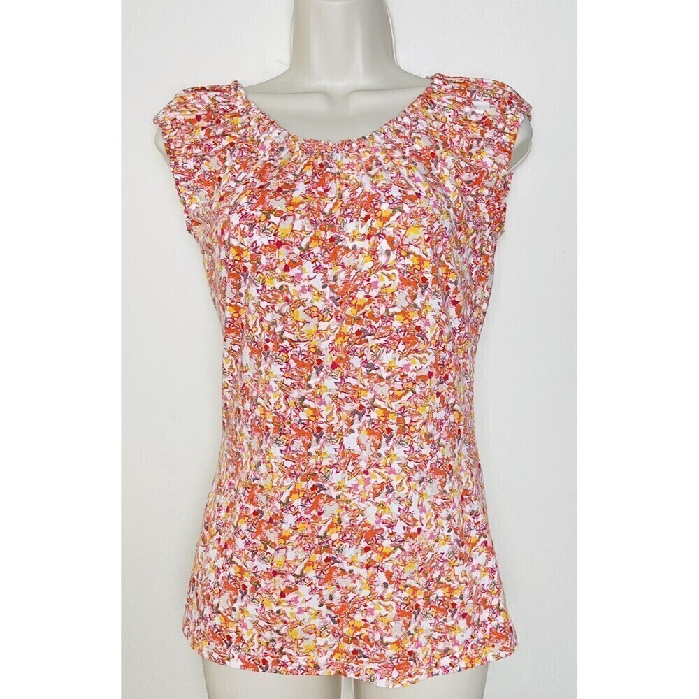 Ann Taylor Loft Orange White Multi Cap Sleeve Top Shirt Size XS Casual Preppy